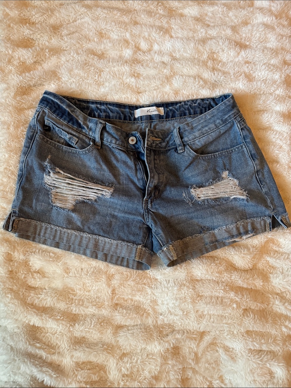 Mid Wash Distressed Rolled Hem Jean Shorts - Blue